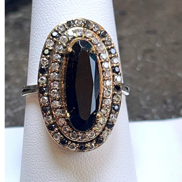 Sterling Silver 925 Gold Plated Black Onyx Style Cocktail Ring CZ Accents SZ 8.5 - Picture 1 of 9